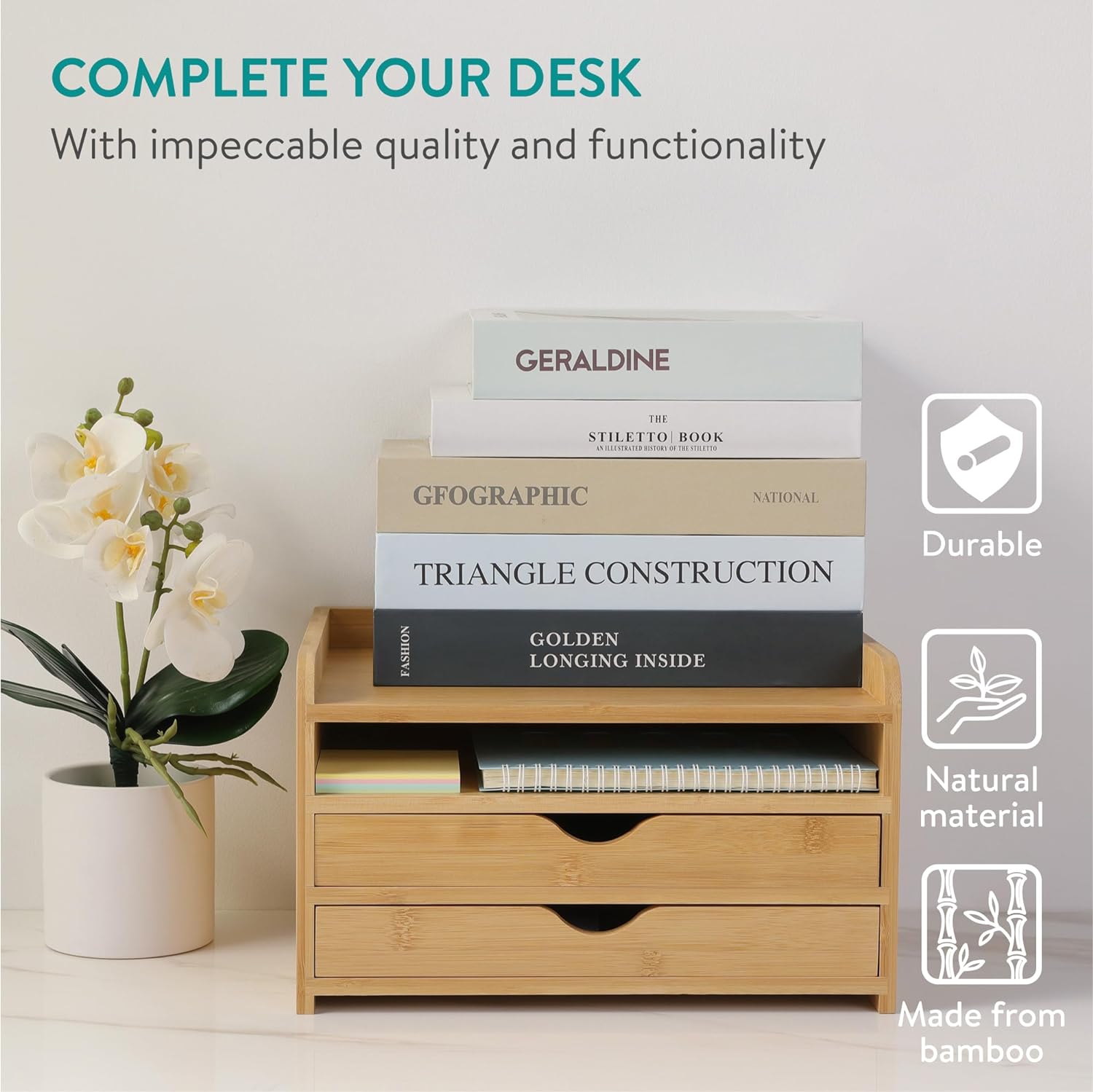 Navaris Ξύλινη Βάση Οργάνωσης από Μπαμπού με 2 Συρτάρια - ‎Light Brown - 61774.24