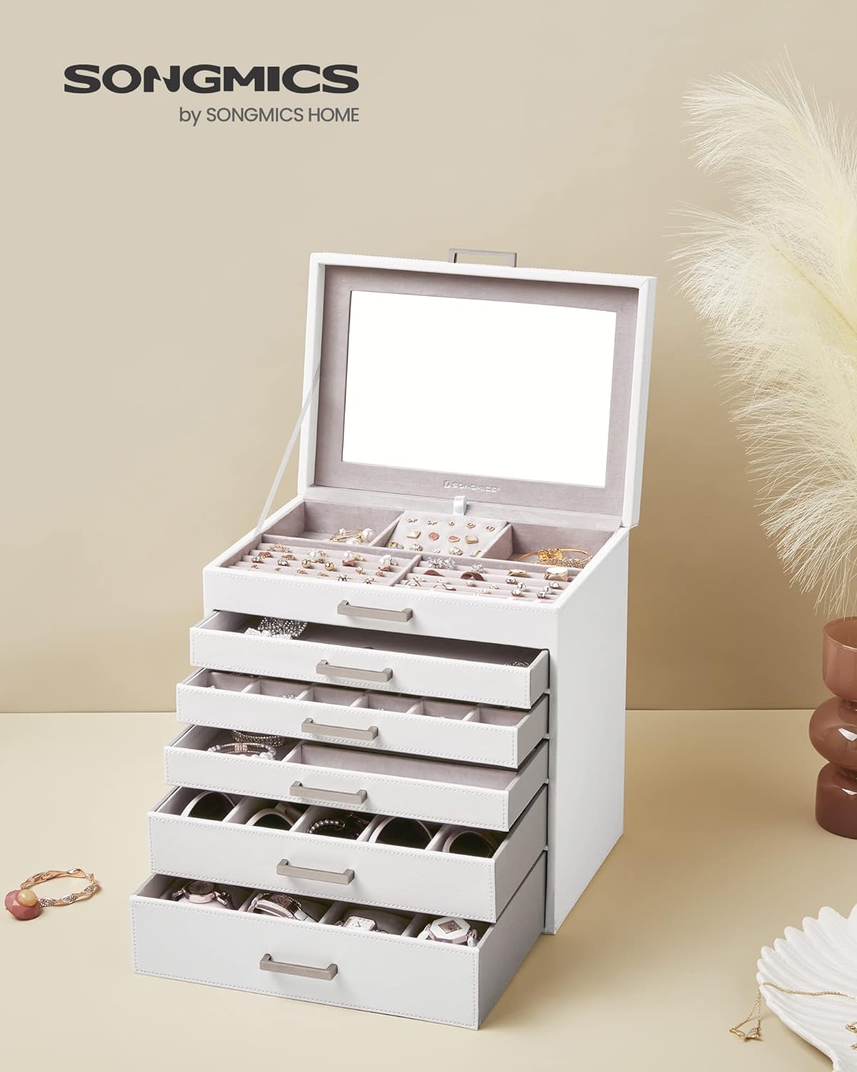 Songmics Κουτί Αποθήκευσης Κοσμημάτων 6 Επιπέδων με 5 Συρτάρια και Καθρέπτη - White - JBC138