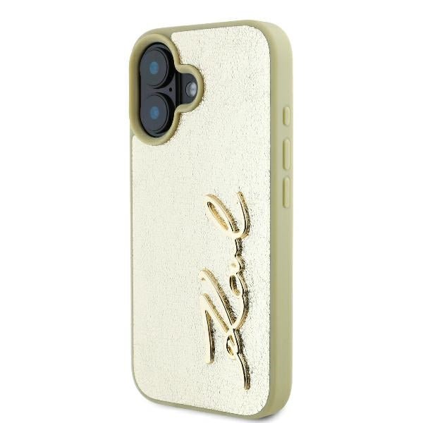 Karl Lagerfeld iPhone 16 - Metal Signature - Σκληρή Θήκη με Πλαίσιο Σιλικόνης και Επένδυση Συνθετικού Δέρματος - Gold - KLHCP16SPFMFBKMD