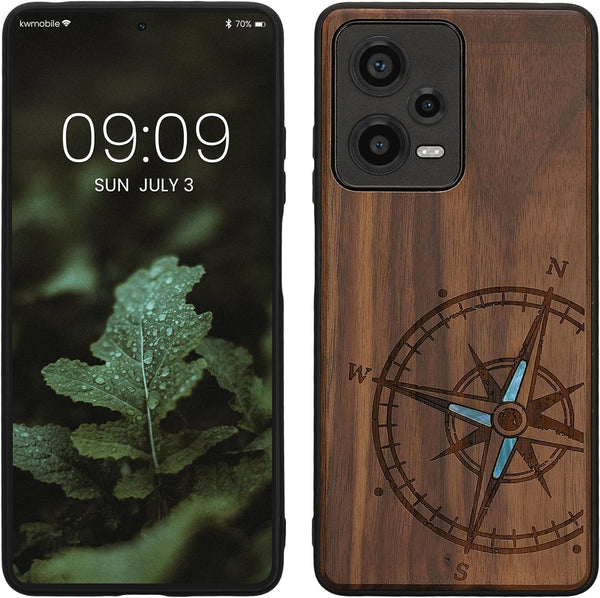 KW Xiaomi Redmi Note 12 Pro Θήκη από Φυσικό Ξύλο - Design Navigational Compass Mother of Pearl - Dark Brown