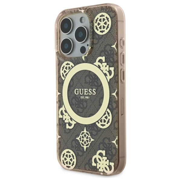 Guess iPhone 16 Pro Max - IML Peony On 4G Background MagSafe - Θήκη με Επένδυση Συνθετικού Δέρματος - Brown - GUHMP16XH4PYEEW