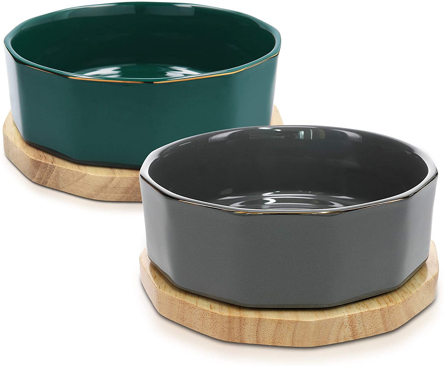 Navaris Ceramic Dog Bowls with Wood Underlay - Σετ με 2 Μπολ Φαγητού και Νερού με Βάση από Ξύλο Βελανιδιάς και Κεραμικό για Κατοικίδια - Dark Green / Gray - 50946.80