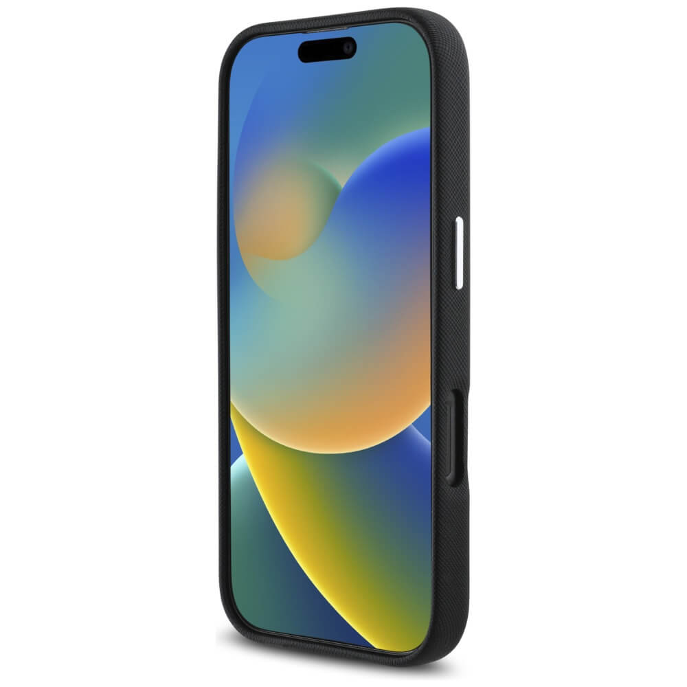 Karl Lagerfeld iPhone 16 Pro - Saffiano Full Wrapped Elongated Metal Logo - MagSafe Σκληρή Θήκη με Επένδυση Συνθετικού Δέρματος και Πλαίσιο Σιλικόνης - Black - KLHMP16LPSAFWMCK