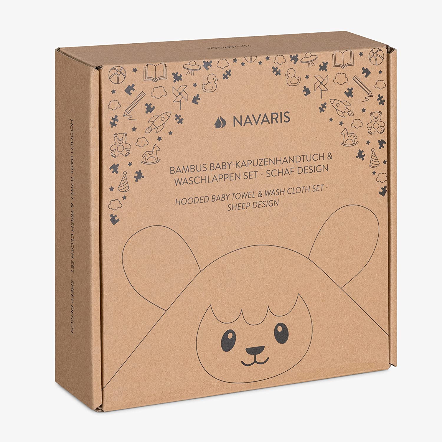 Navaris Σετ με Πετσέτα Μπάνιου με Κουκούλα για Μωρά και Πετσετάκι - 70 x 70cm - Design Sheep - 53694.02