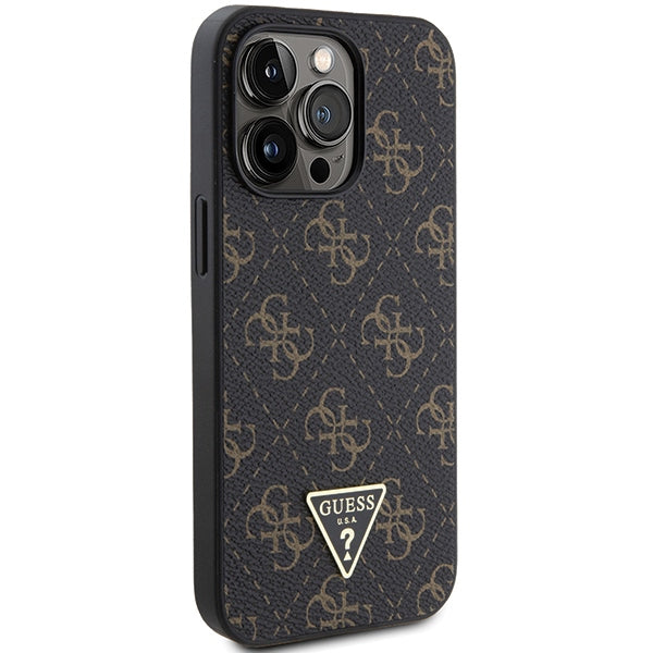 Guess iPhone 15 Pro Max - 4G Triangle Metal Logo Σκληρή Θήκη με Επένδυση Συνθετικού Δέρματος και Πλαίσιο Σιλικόνης - Black - GUHCP15XPG4GPK