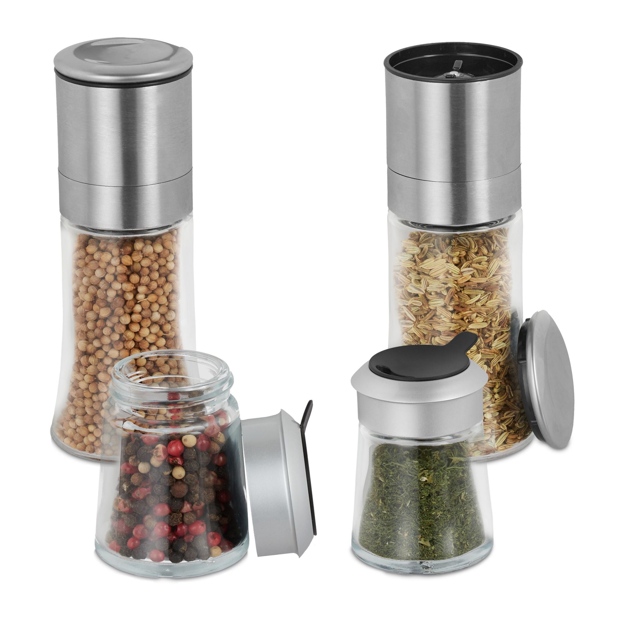 Relaxdays Σετ με 2 Χειροκίνητους Μύλους Μπαχαρικών και 2 Δοχεία Μπαχαρικών - Silver - 4052025367398