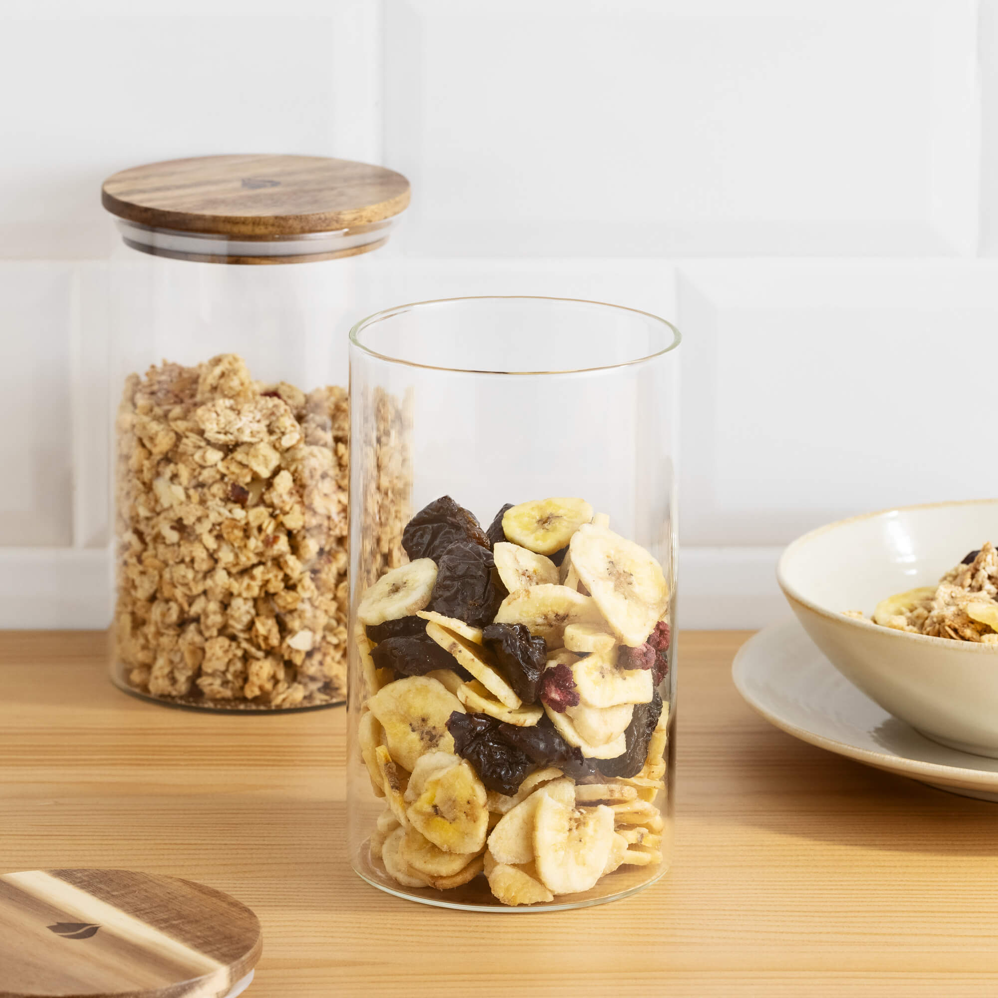 Navaris Σετ με 3 Γυάλινα Βάζα Αποθήκευσης - 1L - Round - Acacia Wood - Διάφανα - 54691.02.03