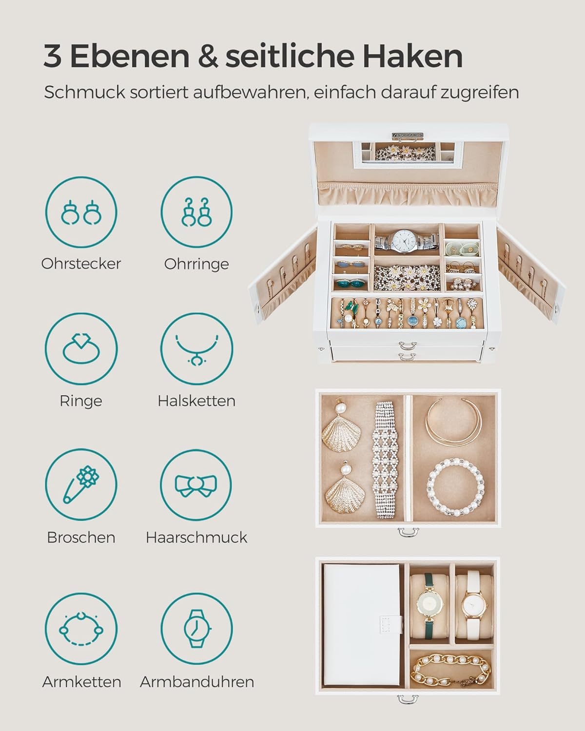Songmics Φορητό Κουτί Αποθήκευσης Κοσμημάτων 3 Επιπέδων με Καθρέπτη και Κλειδαριά - White - JBC121W