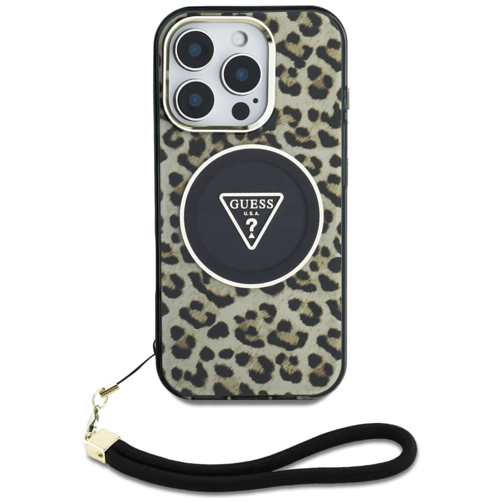 Guess iPhone 16 Pro - HC IML Leopard Triangle Cord Strap MagSafe - Σκληρή Θήκη με Πλαίσιο Σιλικόνης και Λουράκι - Brown - GUHMP16LHLORSSW
