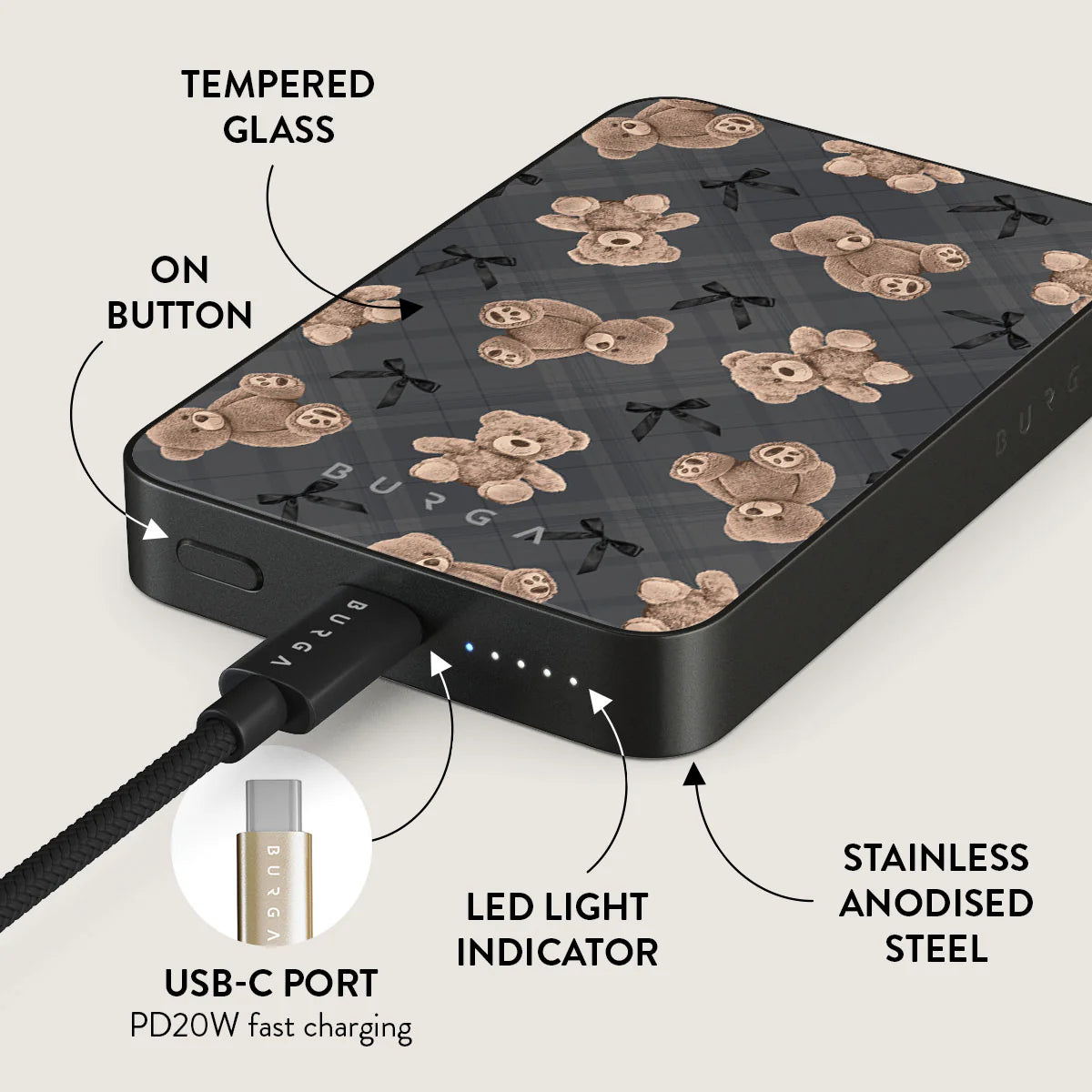 Burga Μαγνητικό Ασύρματο MagSafe PowerBank 5000mAh με Καλώδιο Type-C to Type-C - Gunmetal - BFF