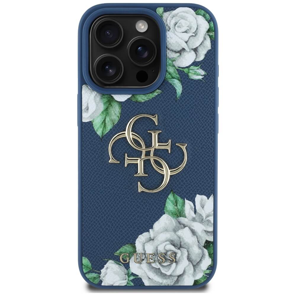 Guess iPhone 16 Pro Max - Grained Roses Big 4G Logo - Σκληρή Θήκη με Επένδυση από Οικολογικό Δέρμα - Blue - GUHCP16XPGROP4MB