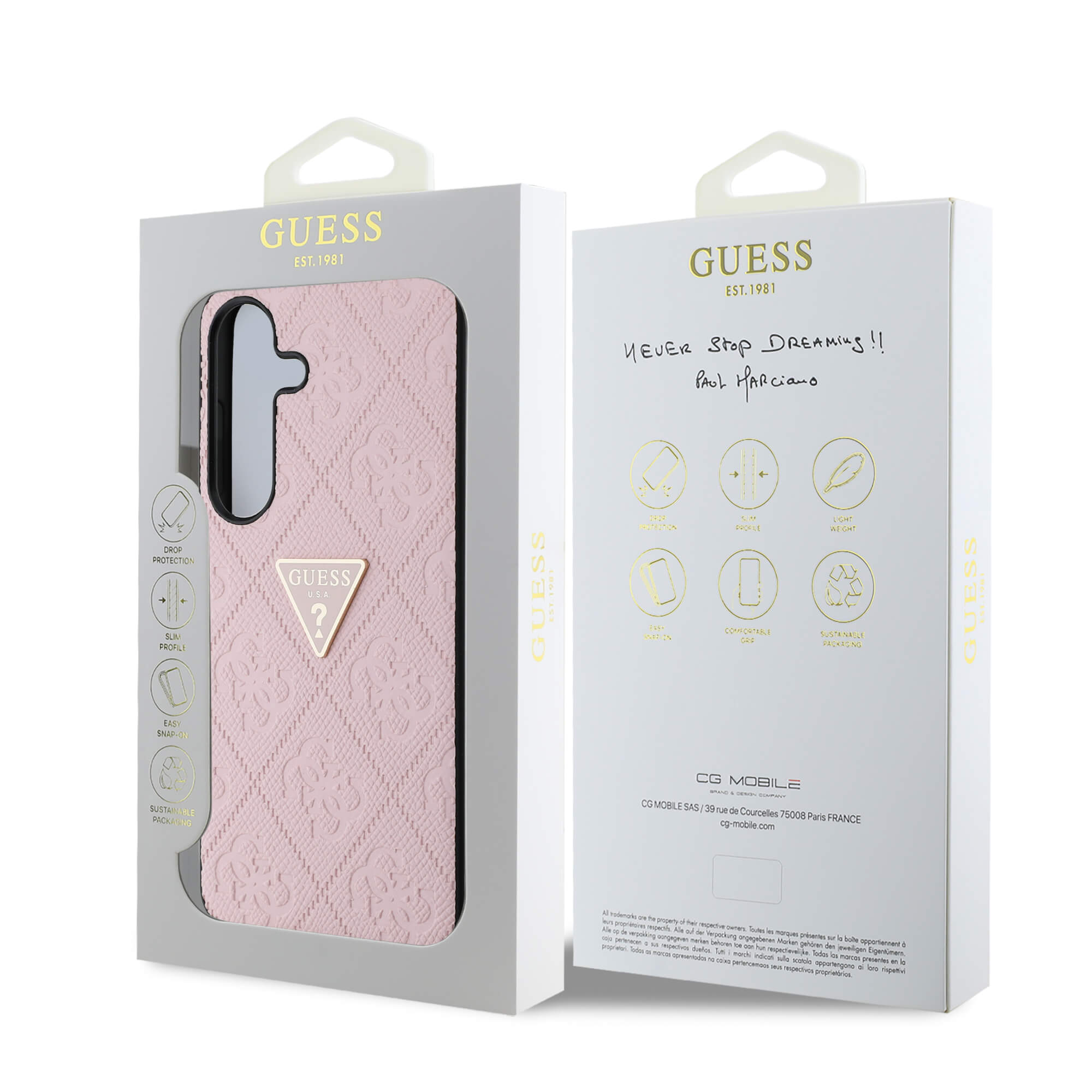 Guess Samsung Galaxy S25 - Hot Stamp 4G Pattern Triangle Metal Logo - Θήκη με Επένδυση Συνθετικού Δέρματος και Πλαίσιο Σιλικόνης - Pink - GUHCS25SPGP4STRP