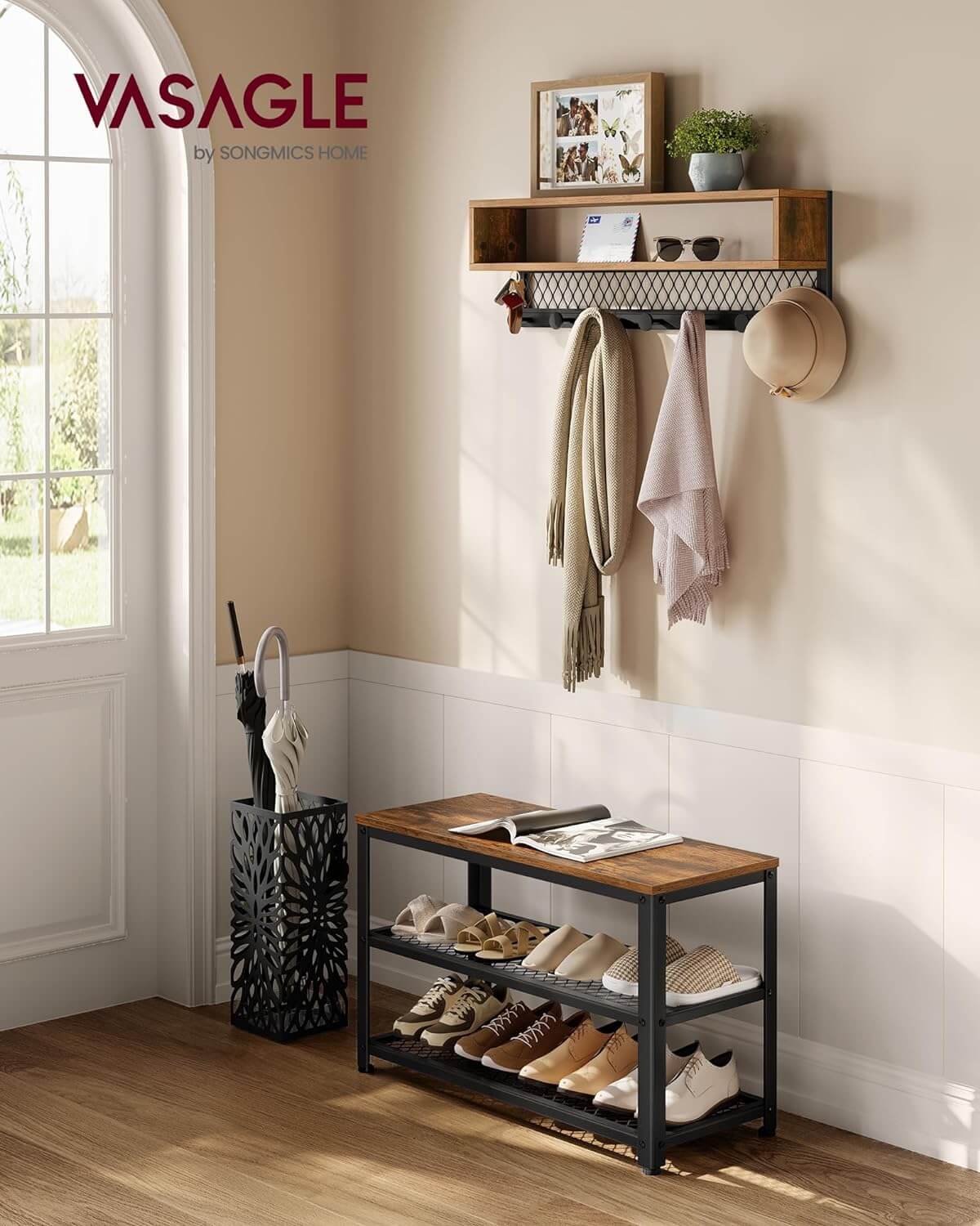 Vasagle Σετ με Επιτοίχια Κρεμάστρα και Παπουτσοθήκη με 2 Ράφια και Κάθισμα - Rustic Brown - LCR073K01