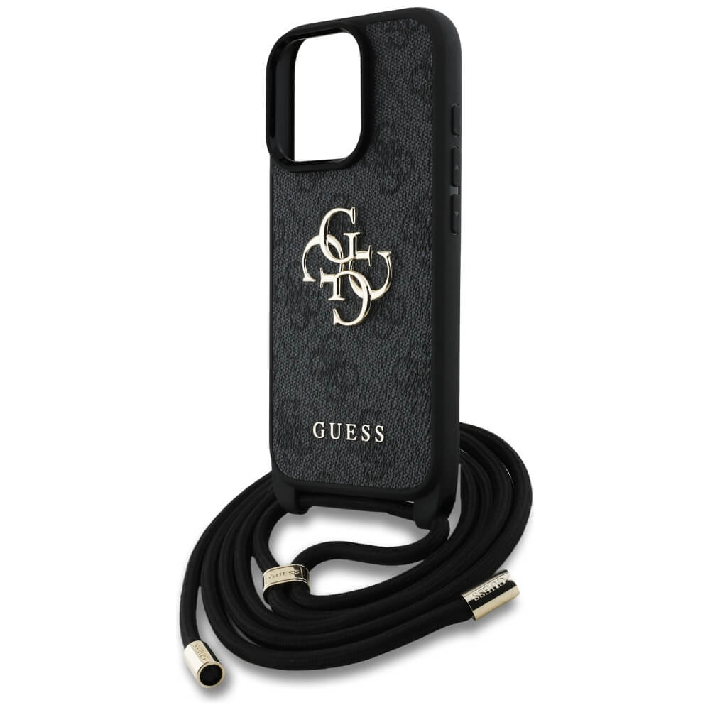 Guess iPhone 16 Pro - 4G Big Logo Cord Stap Crossbody - Θήκη με Επένδυση Συνθετικού Δέρματος και Λουράκι - Black - GUHCP16LP4GMGCRK