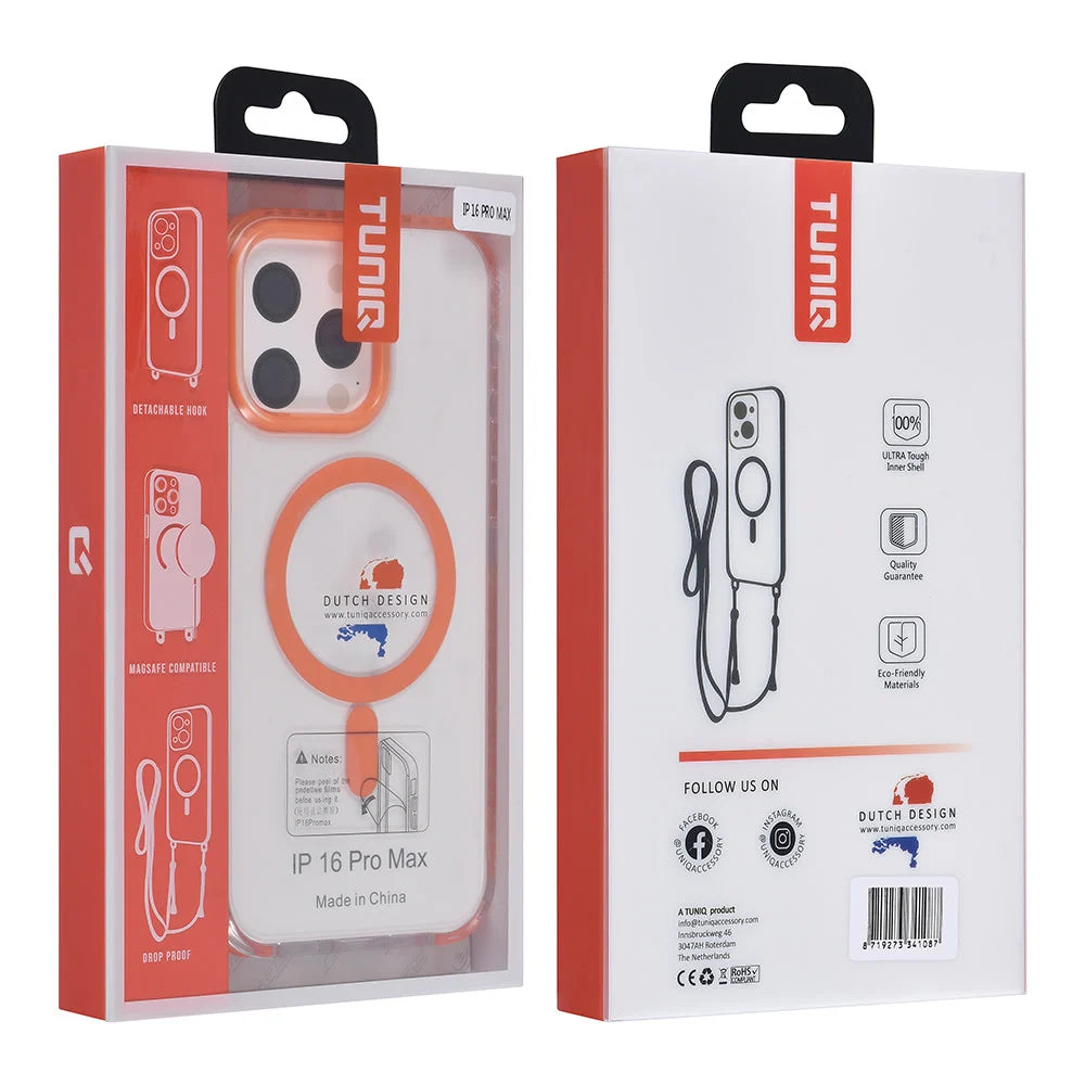 Tuniq iPhone 16 Pro Max - MagSafe Σκληρή Θήκη με Πλαίσιο Σιλικόνης και Λουράκι - Διάφανη / Orange