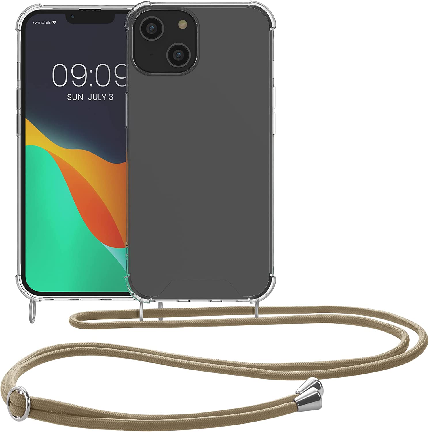 KW iPhone 14 Θήκη Σιλικόνης TPU με Λουράκι - Διάφανη / Gold - 59108.21