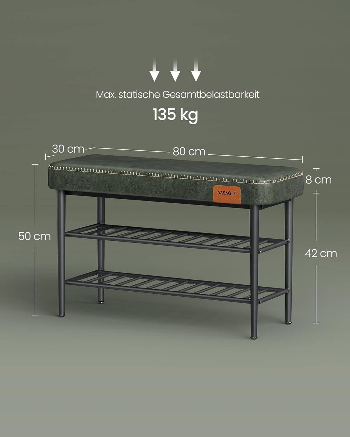 Vasagle EKHO Πάγκος / Σκαμπό με Κάθισμα από Συνθετικό δέρμα και 2 Ράφια - 30 x 80 x 50 cm - Forest Green - LSB054C01