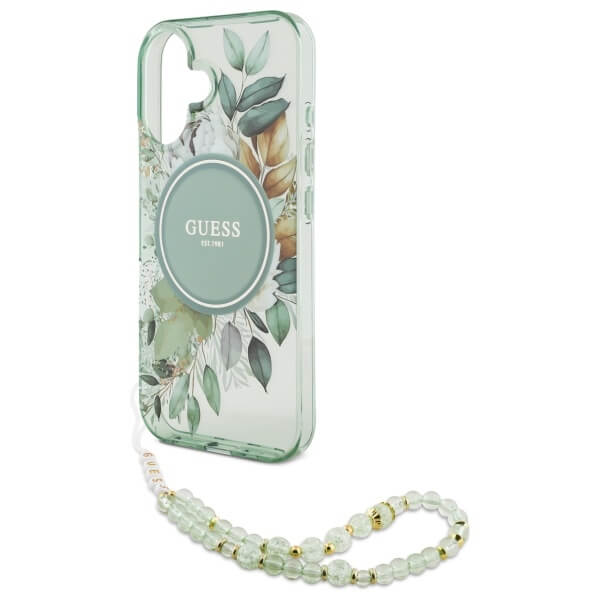 Guess iPhone 16 - IML Flowers With Pearl Strap MagSafe - Σκληρή Θήκη με Πλαίσιο Σιλικόνης και Λουράκι - Green - GUHMP16SHFWBRCESN