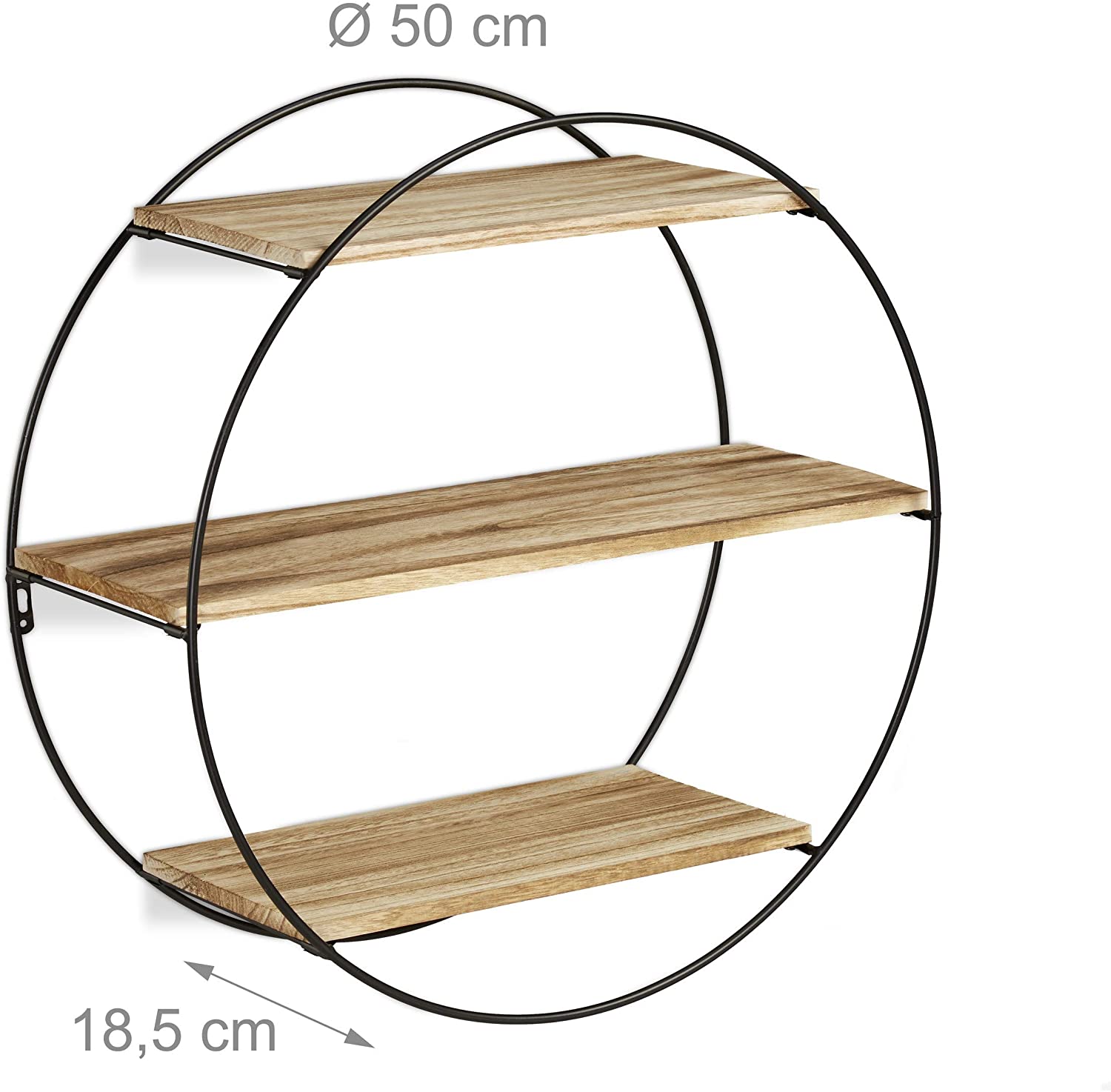 Relaxdays Στρόγγυλο Διακοσμητικό Ράφι Τοίχου με 3 Διαμερίσματα - 50 x 18,5 cm - Natural / Black - 4052025289270
