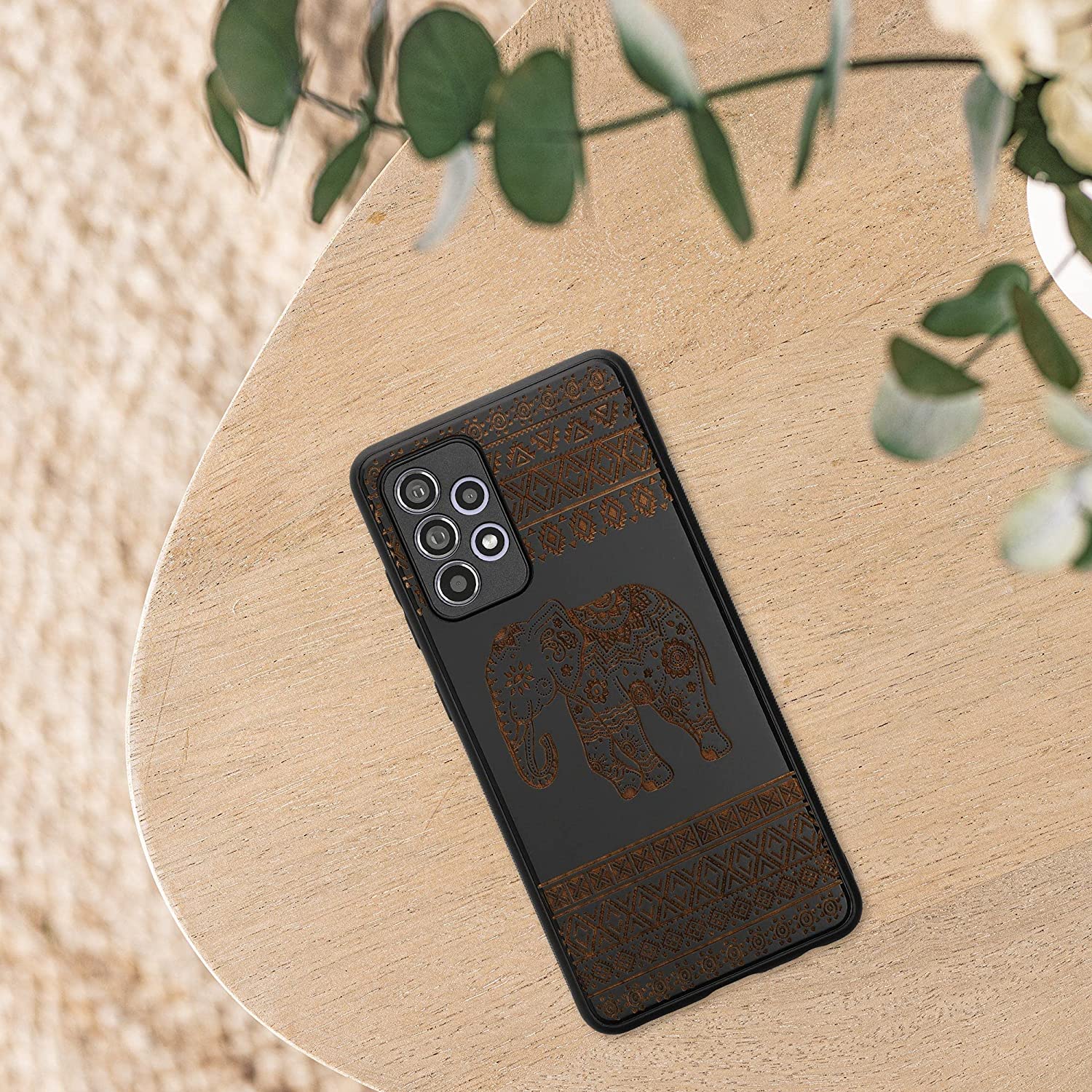 KW Samsung Galaxy A52 / A52 5G / A52s 5G Θήκη από Φυσικό Ξύλο - Design Wooden Elephant with Pattern - Light Brown / Black - 54354.10