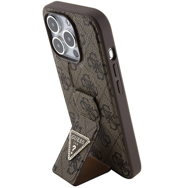 Guess iPhone 15 Pro Max Grip Stand 4G Triangle Strass Logo Θήκη με Επένδυση Συνθετικού Δέρματος και Stand - Brown - GUHCP15XPGS4TDW