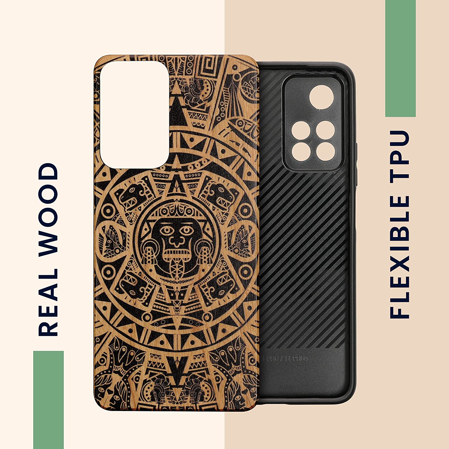 KW Xiaomi Redmi Note 11 Pro+ 5G Θήκη από Φυσικό Ξύλο - Design Maya Calendar Art - Light Brown / Black - 58100.02