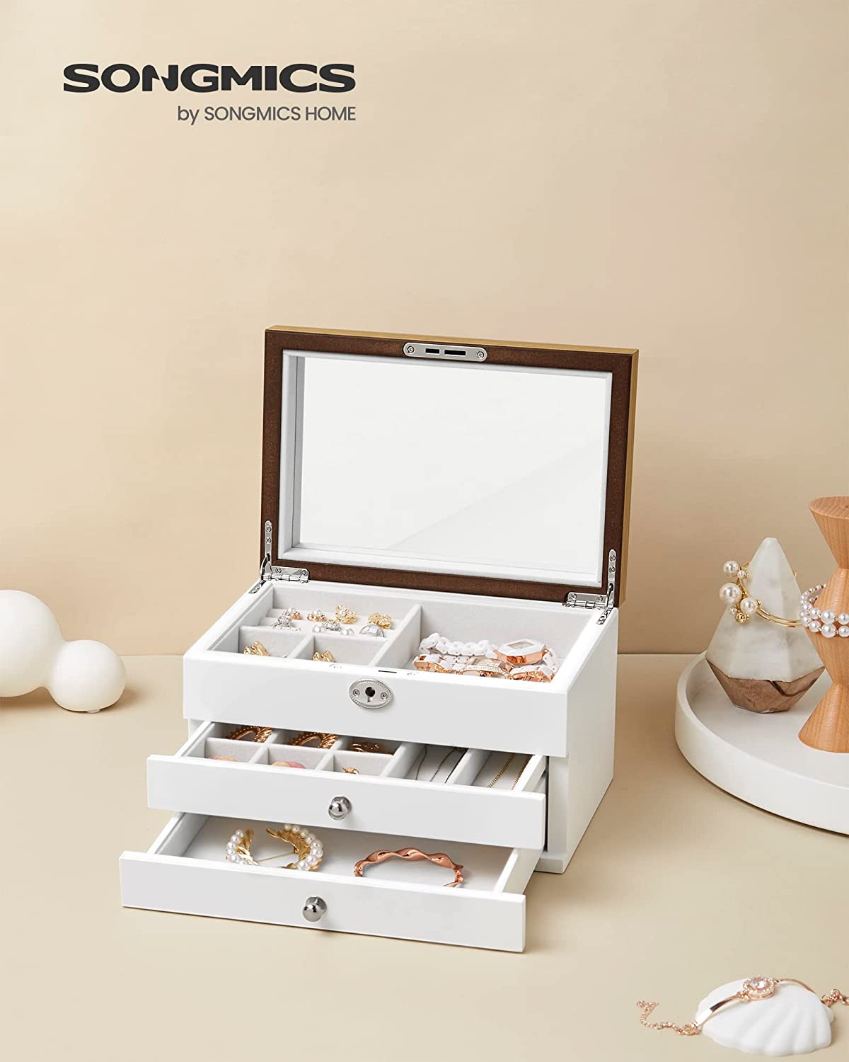 Songmics Ξύλινο Κουτί Αποθήκευσης Κοσμημάτων με 3 Επίπεδα - ‎24,5 x 17 x 14,5 cm - White / Natural - JOW15WNV1