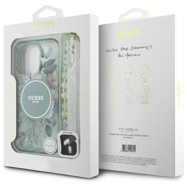 Guess iPhone 16 Pro Max - IML Flowers With Pearl Strap MagSafe - Σκληρή Θήκη με Πλαίσιο Σιλικόνης και Λουράκι - Green - GUHMP16XHFWBRCESN