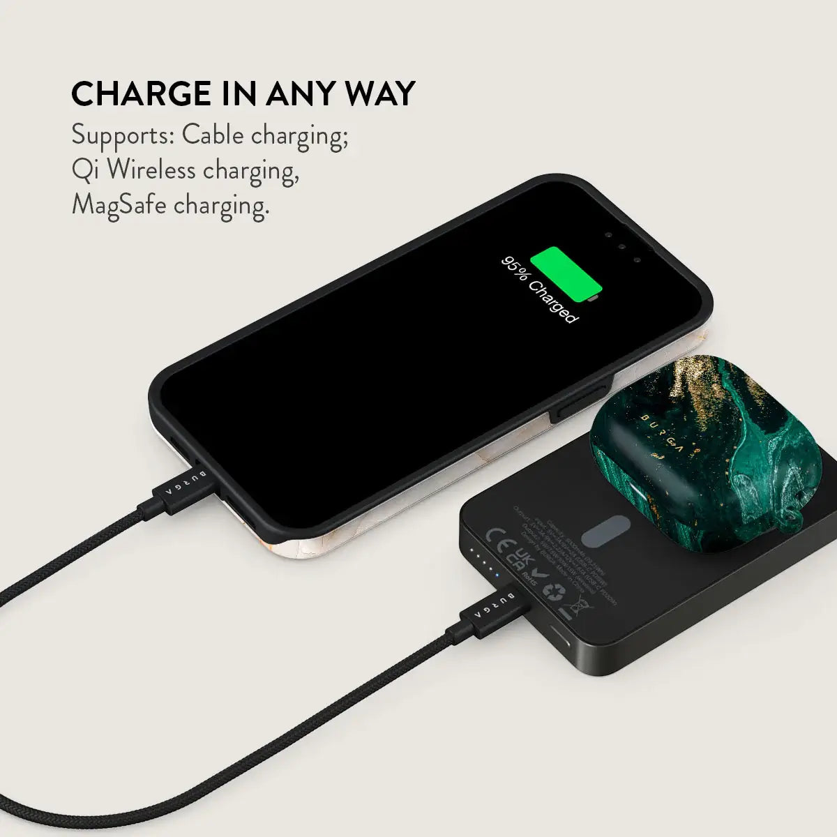 Burga Μαγνητικό Ασύρματο MagSafe PowerBank 5000mAh με Καλώδιο Type-C to Type-C - Gunmetal - Emerald Pool