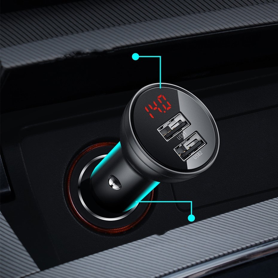 Baseus Digital Display Φορτιστής Αυτοκινήτου 4.8A με Δύο Θύρες USB και Καλώδιο Lightning / Type-C / Micro USB - Black - TZCCBX-0G