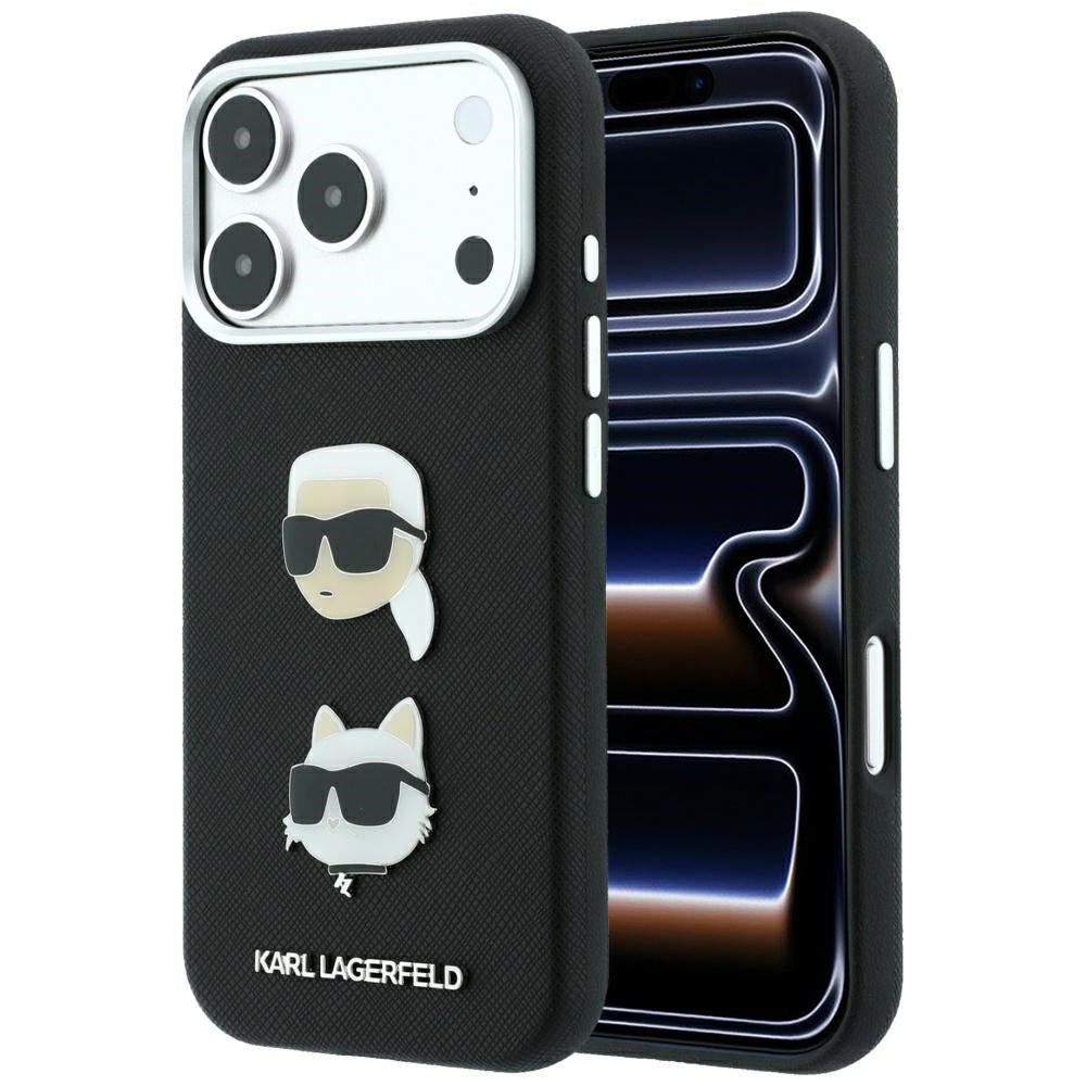 Karl Lagerfeld iPhone 18 Pro / iPhone 17 Pro - Σκληρή Θήκη με Επένδυση Συνθετικού Δέρματος και Πλαίσιο Σιλικόνης - Saffiano Double Heads Metal - Black