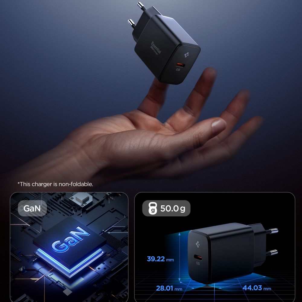 Spigen Essential EE201EU 20W Οικιακός Φορτιστής Γρήγορης Φόρτισης με Θύρα Type - C - Black