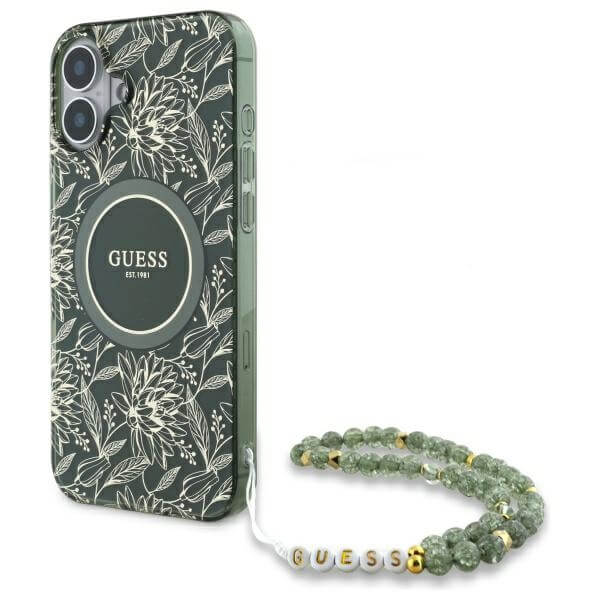 Guess iPhone 16 - IML Flowers Allover Electro With Pearl Strap MagSafe - Σκληρή Θήκη με Πλαίσιο Σιλικόνης και Λουράκι - White / Green - GUHMP16SHCPOFPA