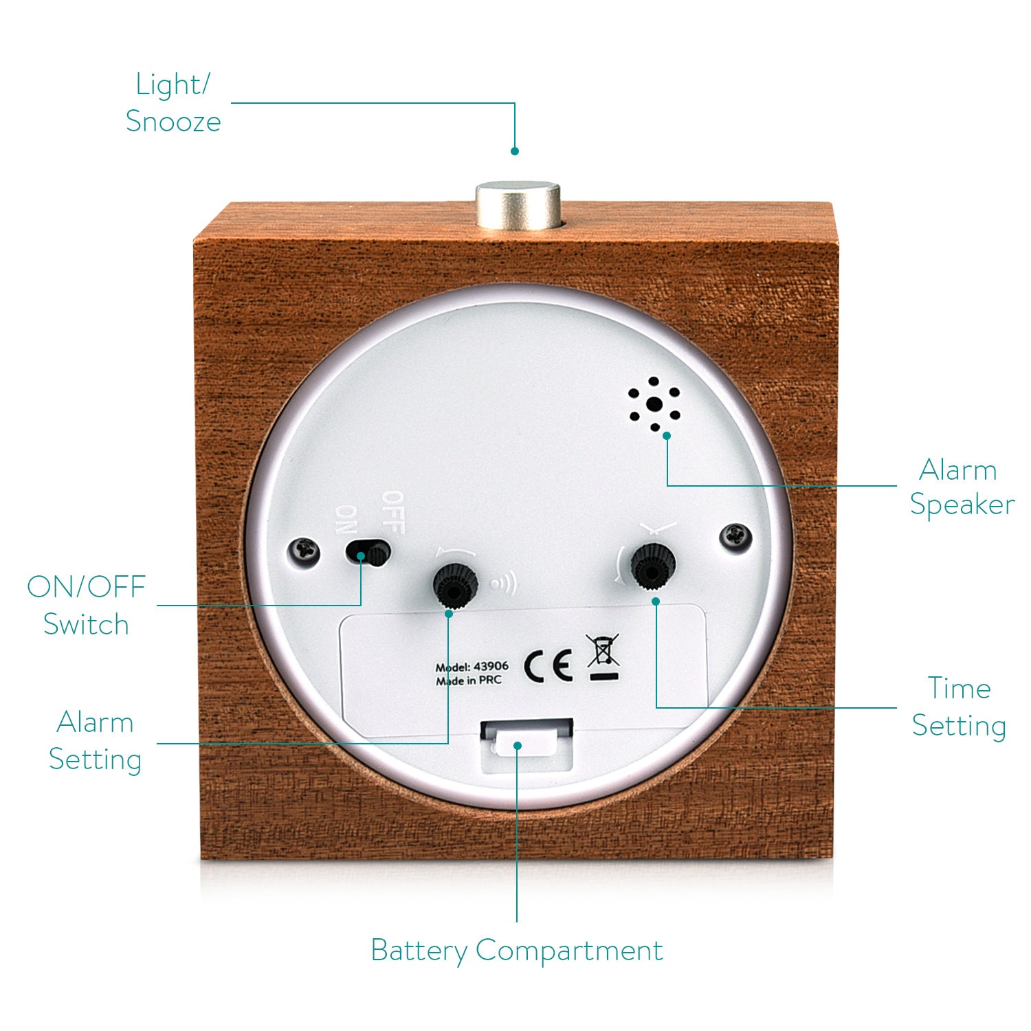 Navaris Analogue Wood Alarm Clock Design Square - Αναλογικό Επιτραπέζιο Ρολόι και Ξυπνητήρι - Dark Brown - 43906