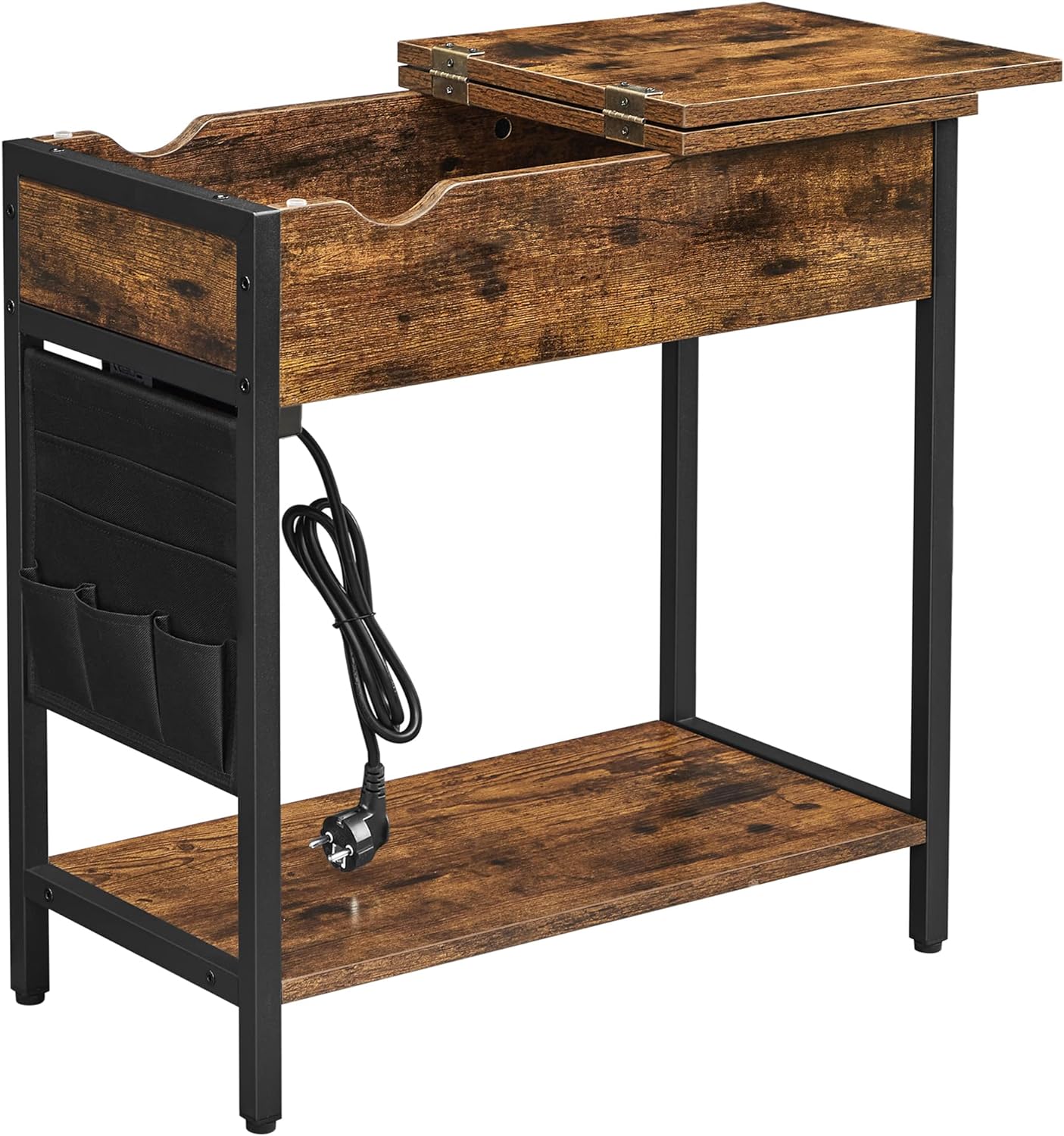 Vasagle Βοηθητικό Τραπεζάκι / Κομοδίνο με Ενσωματωμένο Πολύπριζο με 2 θύρες USB και Υφασμάτινη Τσάντα Οργάνωσης - Rustic Brown / Black - LET311B01