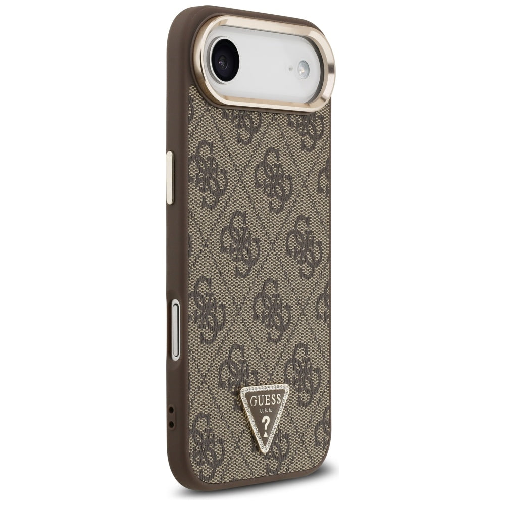 Guess iPhone Air - 4G Triangle Strass Logo MagSafe - Σκληρή Θήκη με Επένδυση Συνθετικού Δέρματος - Brown / Gold - GUHMP17MP4GTDGMW