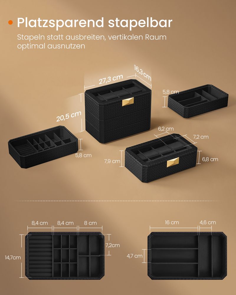 Songmics Κουτί Αποθήκευσης Κοσμημάτων και Pολογιών με 3 Επίπεδα - Ink Black - JWB021B01