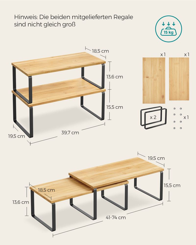 Songmics Σετ με 2 Ξύλινα Ράφια για τον Πάγκο - Ink Black / Natural Beige - KCS200B01