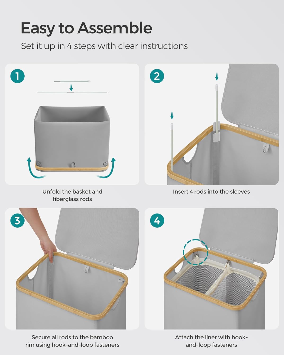 Songmics Καλάθι Απλύτων 2 Διαμερισμάτων με Καπάκι και Αποσπώμενη Εσωτερική Θήκη - 130L - Dove Grey - LCB513G01