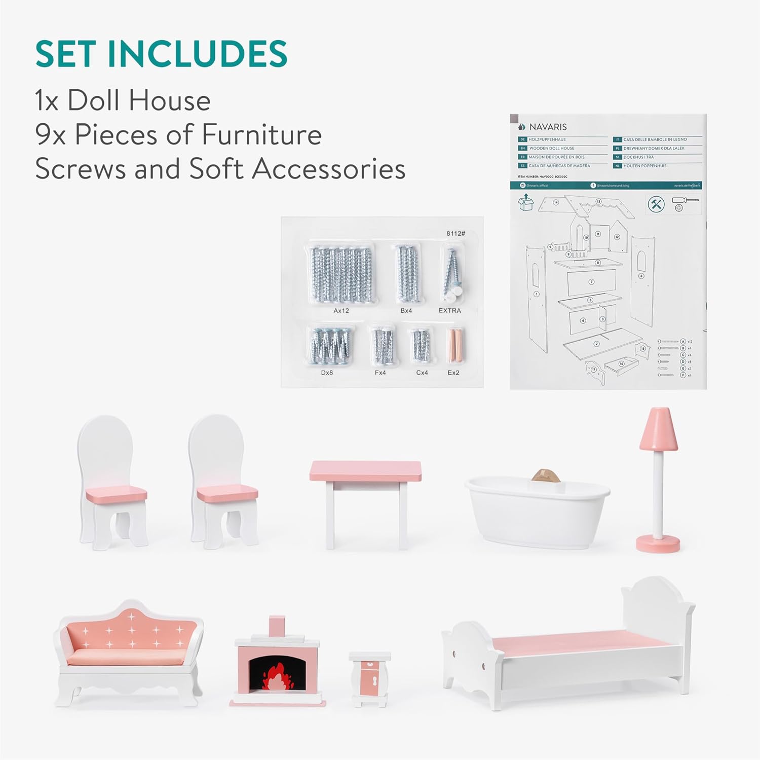 Navaris Κουκλόσπιτο - 106 x 61 x 33 cm - White / Pink