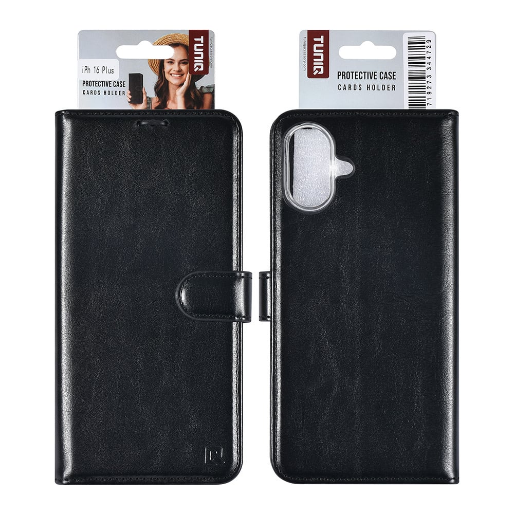 Tuniq iPhone 16 Plus - Θήκη Πορτοφόλι Stand από Δερματίνη - Black