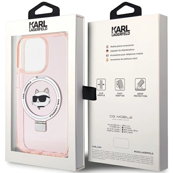 Karl Lagerfeld iPhone 15 Pro Max Ring Stand Choupette Head MagSafe Σκληρή Θήκη με Πλαίσιο Σιλικόνης και MagSafe - Διάφανη / Pink - KLHMP15XHMRSCHP