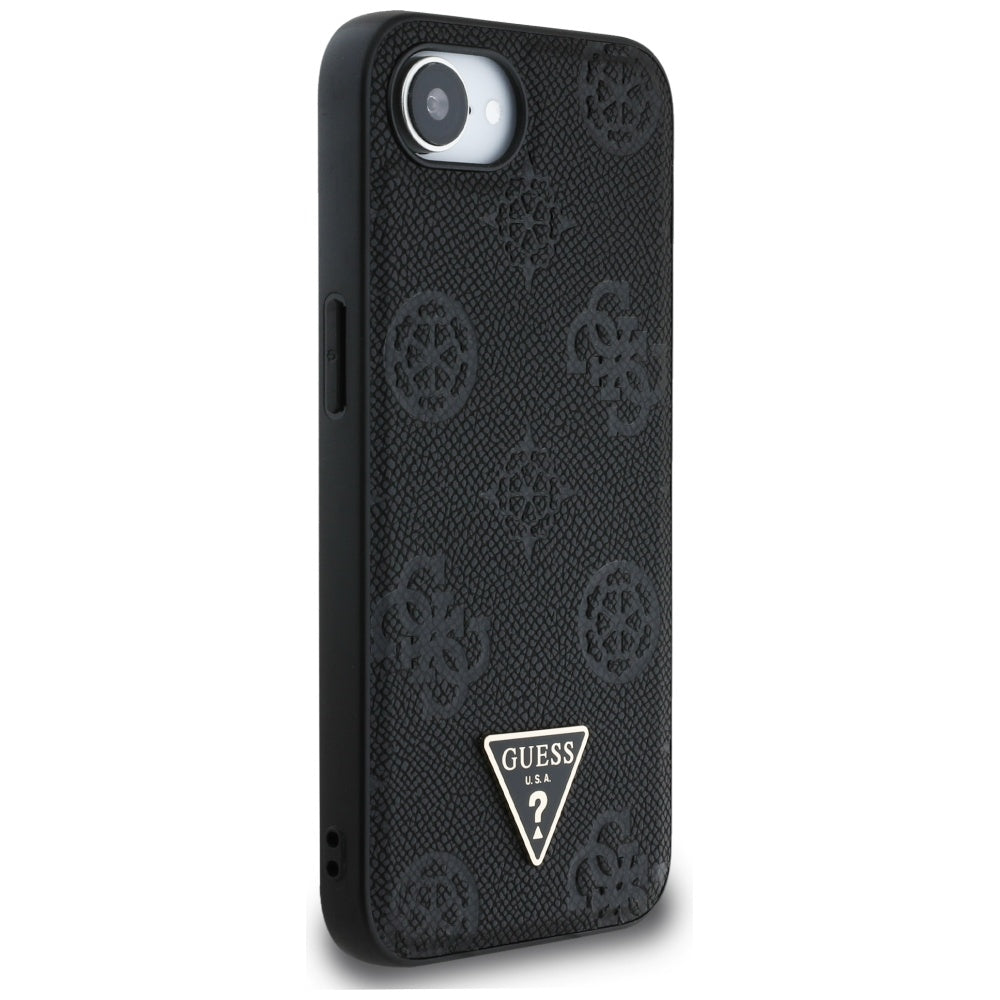 Guess iPhone 16e - Grained Hot Stamp Peony Triangle Logo - MagSafe Σκληρή Θήκη με Επένδυση Συνθετικού Δέρματος - Black - GUHMPSE4PGBTMK