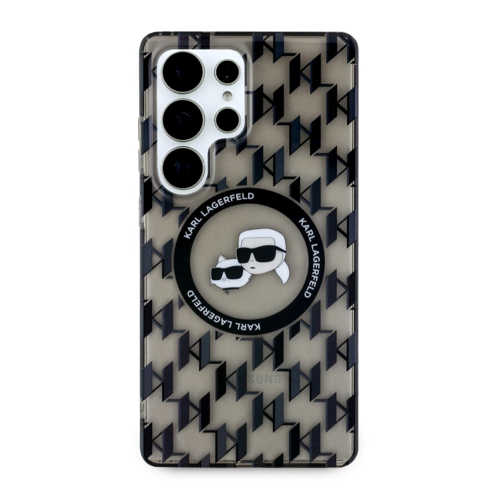 Karl Lagerfeld Samsung Galaxy S25 Ultra - Button Karl and Choupette Heads On KL Pattern - MagSafe Σκληρή Θήκη με Πλαίσιο Σιλικόνης - Black - KLHMS25LHMCKMHK