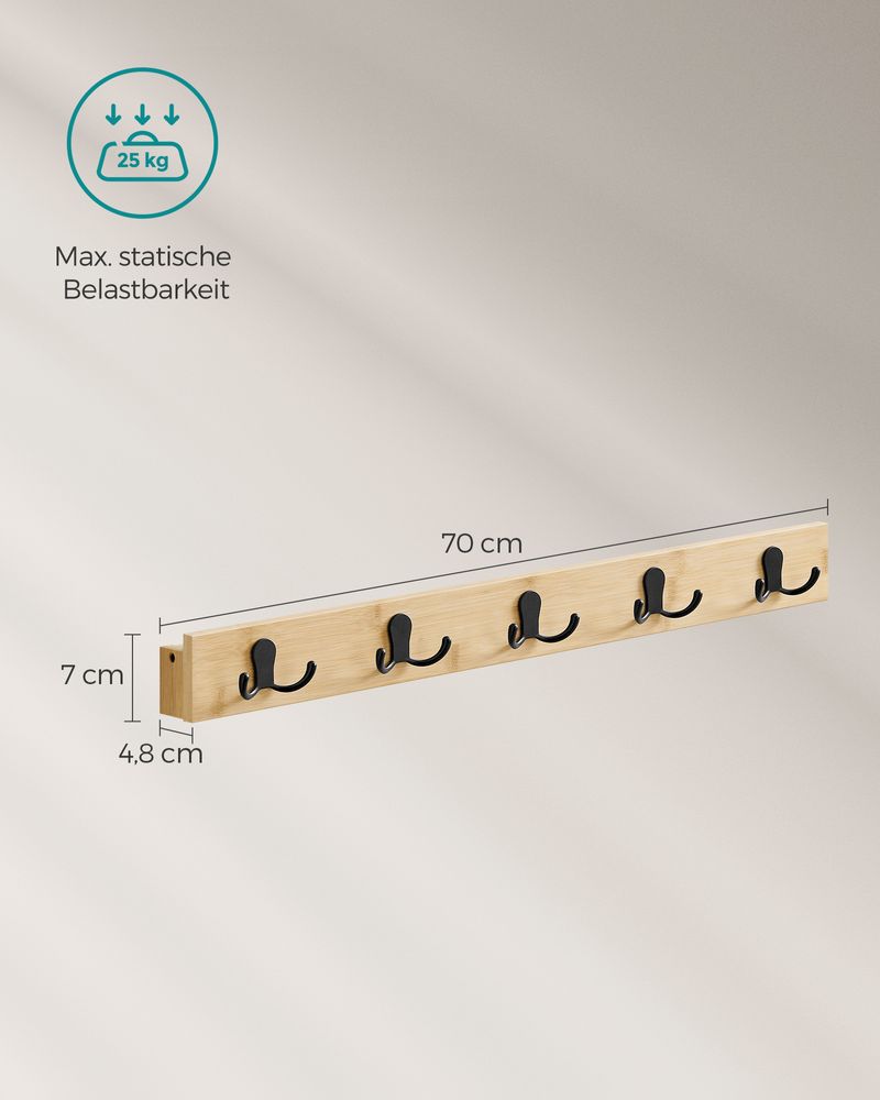 Songmics Επιτοίχια Ξύλινη Κρεμάστρα από Μπαμπού με 5 Μεταλλικούς Γάντζους και Ράφι - Natural Beige - LCR005N01