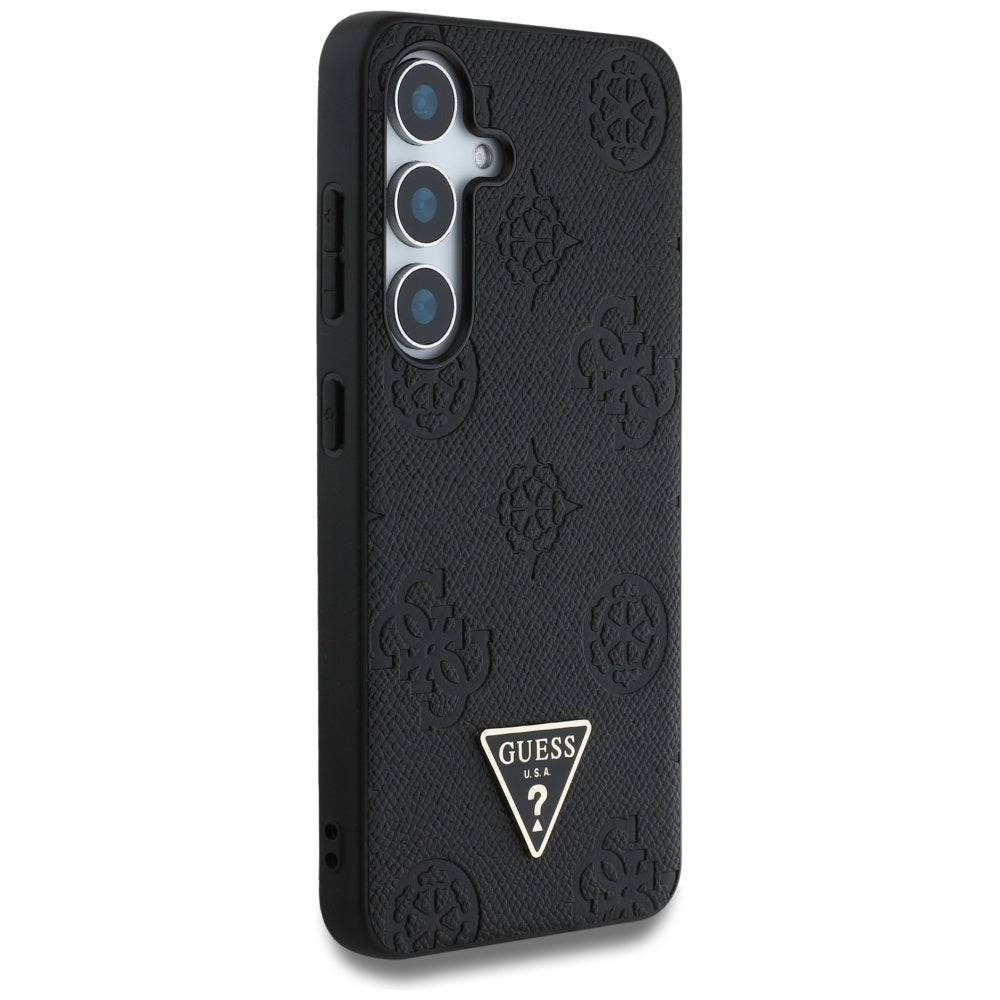 Guess Samsung Galaxy S25 - Grained Hot Stamp Peony Pattern Triangle Logo - MagSafe Σκληρή Θήκη με Πλαίσιο Σιλικόνης και Συνθετικό Δέρμα - Black - GUHMS25SPGBTMK