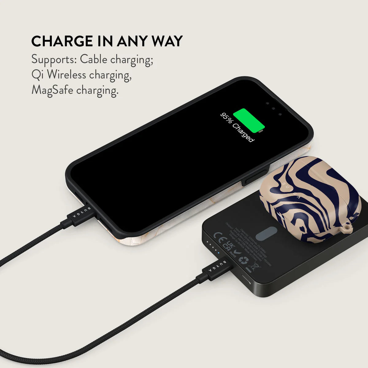 Burga Μαγνητικό Ασύρματο MagSafe PowerBank 5000mAh με Καλώδιο Type-C to Type-C - Gunmetal - Vigilant