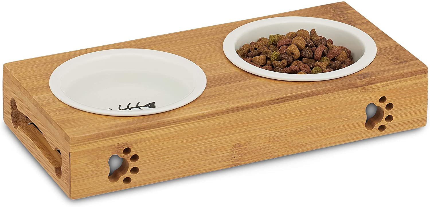 Relaxdays Σετ με 2 Κεραμικά Μπολ σε Βάση από Μπαμπού για Κατοικίδια - 180 ml - Natural - 4052025916114