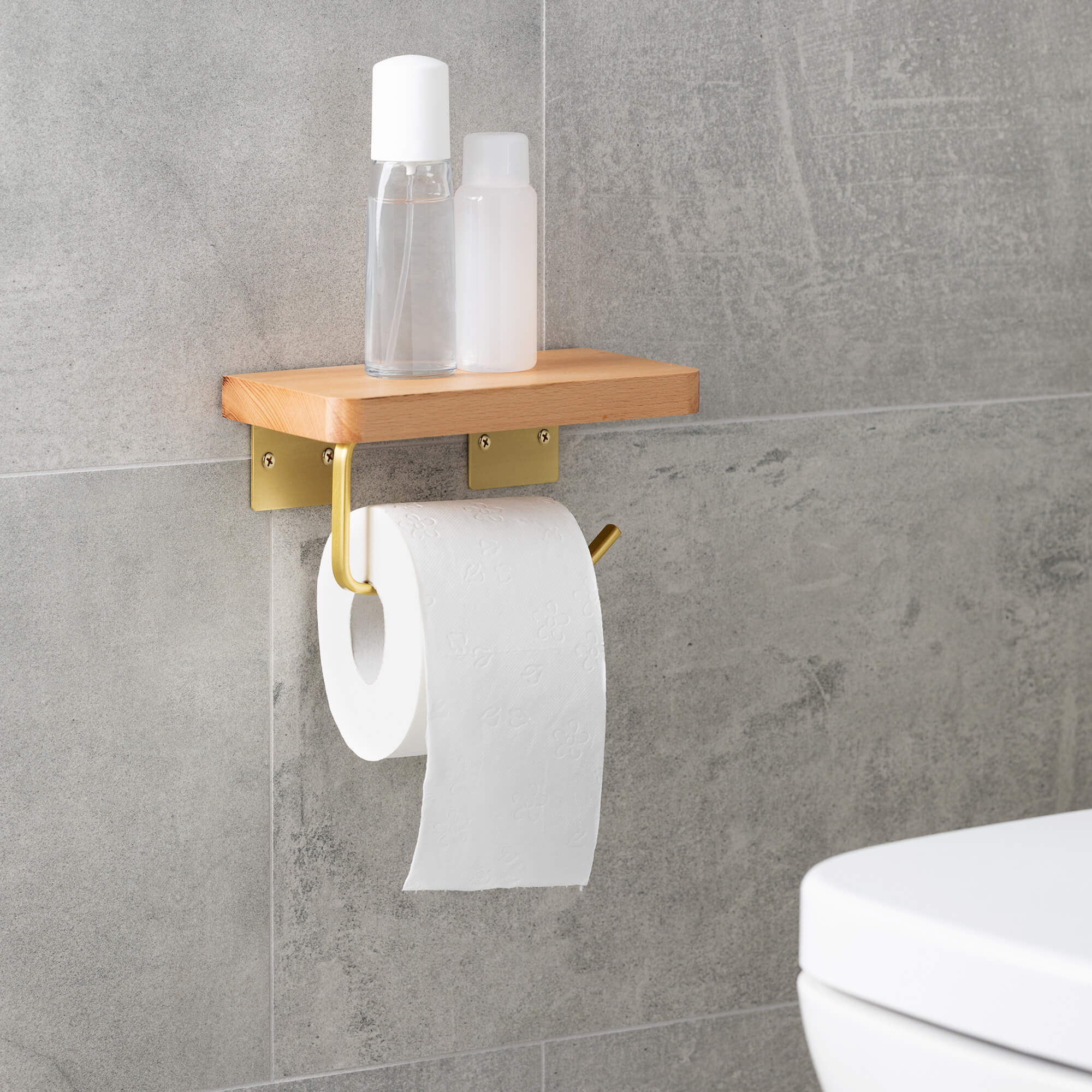 Navaris Επιτοίχια Βάση Ρολού Τουαλέτας με Ράφι από Ξύλο Οξιάς - Light Brown / Gold - 55538.11