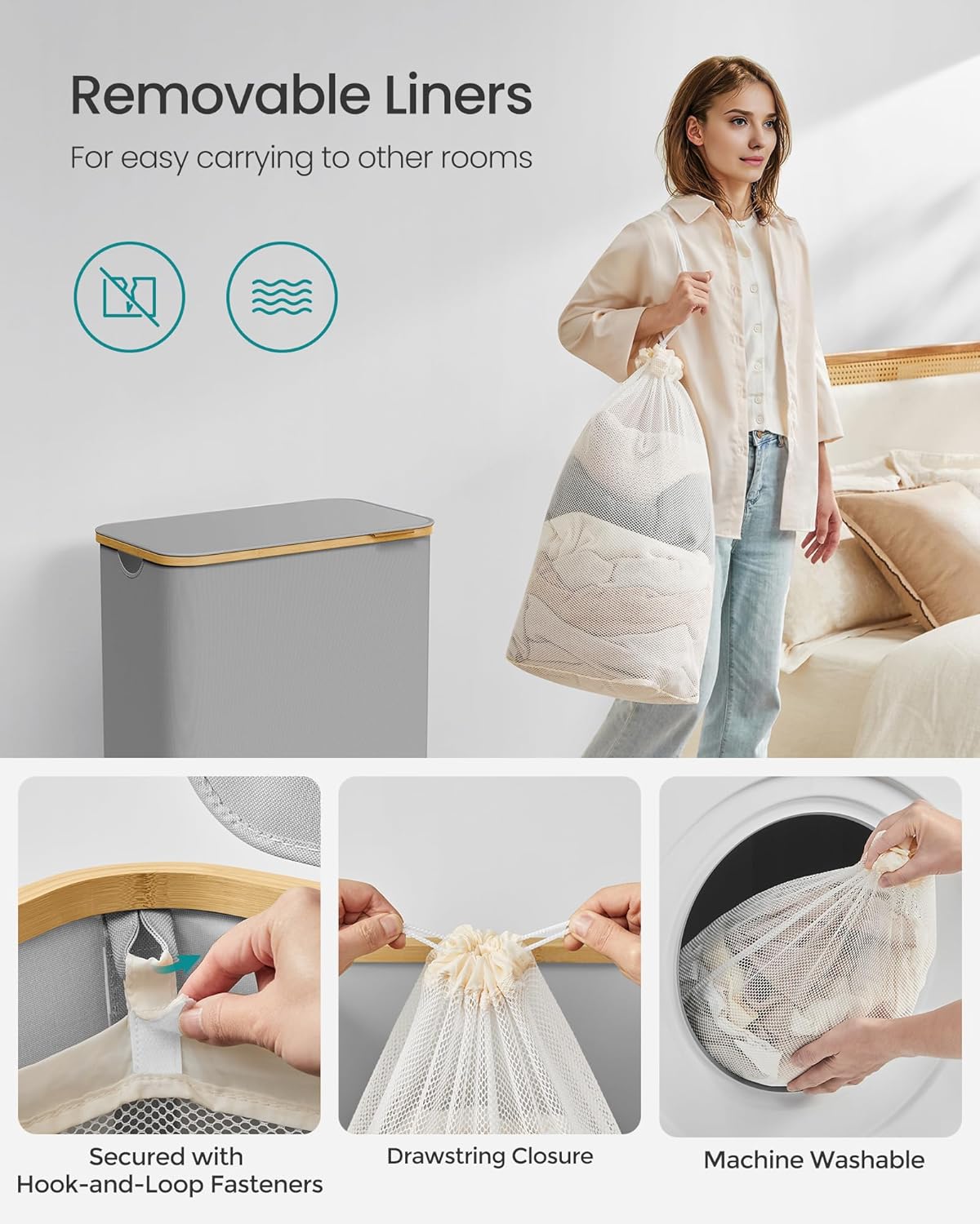 Songmics Καλάθι Απλύτων 2 Διαμερισμάτων με Καπάκι και Αποσπώμενη Εσωτερική Θήκη - 130L - Dove Grey - LCB513G01